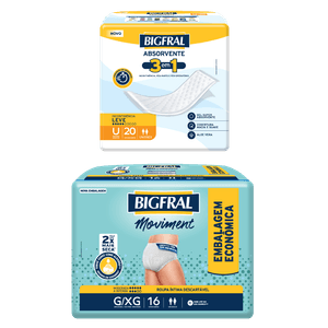 Kit Bigfral Moviment Roupa Íntima Descartável G/XG 16 Unidades + Bigfral Absorvente 3 em 1 | 20 unidades