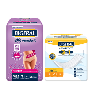 Kit Bigfral Moviment Feminina Roupa Íntima Descartável P/M 7 Unidades + Bigfral Absorvente 3 em 1 | 20 unidades