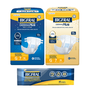 Kit Fralda Bigfral Derma Plus Noturna G 7 Unidades + Fralda Bigfral Derma Plus G 7 Unidades + Toalha Umedecida Bigfral 40 Unidades