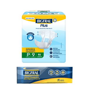 Kit Fralda Bigfral Plus P 9 Unidades + Toalha Umedecida Bigfral 40 Unidades